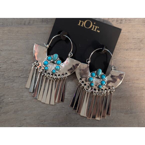 nOir Silver Statement Earrings with Turquoise Stones & Fringe Detail - Picture 4 of 5